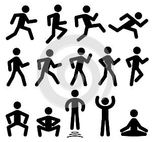 People figures in motion, running, walking, jumping vector black icons