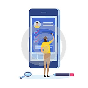 People fill out a form via mobile application. Online application. Cartoon miniature illustration vector graphic