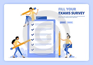 People filling out job application surveys or graduation exams. Users provide feedback with survey. Designed for landing page,