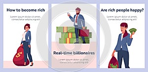 People Financial Success Cartoon Banners. Wealthy Male and Female Characters Holding Money Cash in Bags