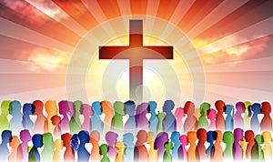 People finding Christianity. Crowd of believing people. People at the cross. Believers who pray. Group of people. Christian Church