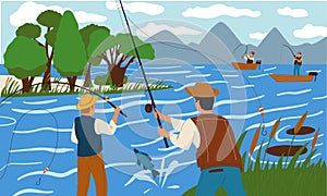 People fishing in river. Men catching fish with rods. Persons angling from shore or boat. Scenic nature landscape. Lake