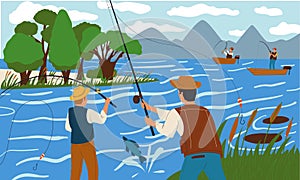 People fishing in river. Men catching fish with rods. Persons angling from shore or boat. Scenic nature landscape. Lake photo