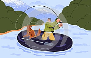 People fishing in river on summer vacation. Happy fisherman with rod catches fish. Guy angling with fluffy dog in