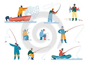 People fishing with rod on lake, fisherman catching fish with net. Fisher characters, fishermen ice fishing, summer