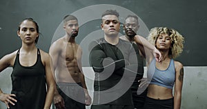 People, fitness and confidence in team training, exercise or workout together at the gym. Group portrait of confident