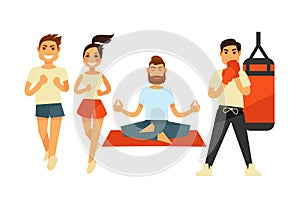 People fitness and sport exercise or training vector icons