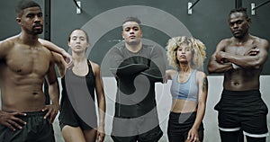 People, fitness and team in confidence for workout, exercise or training together at gym. Group portrait of confident