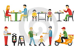 People in a flat interior. Pizza icons set. Customers