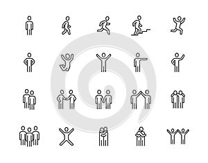 People flat line icons set. Person walking, running, jumping, climbing stairs, happy man, company leader, friends hugs