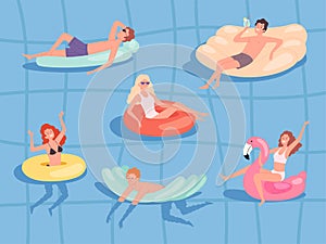 People floating pool. Summer relax at sea boys and girls swimming on rubber mattress vector sunbathing characters