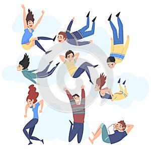 People Floating in the Sky, Happy Dreaming Boys and Girls Flying in the Air Cartoon Style Vector Illustration