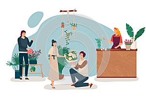 People in flower shop, florist at store counter, kneeling man give bouquet to woman, vector illustration