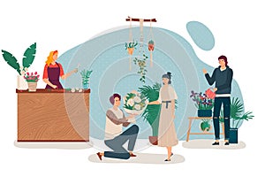 People in flower shop, florist at store counter, kneeling man give bouquet to woman, vector illustration