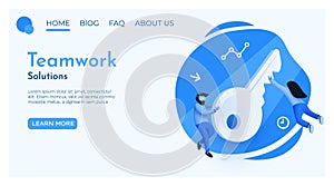 People fly around 3d key. Opportunity, solution or key to success concept. Landing page website template