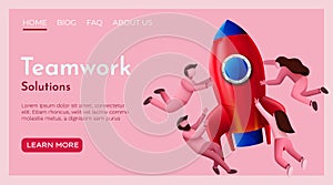 People fly around launching rocket. Start up, project launch or innovation concept. Landing page website template.