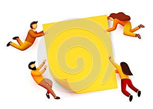 People flying around blank yellow sticky note. Team concept. Modern flat illustration.