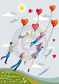 People Flying With Hearts