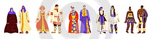 People in folk costumes. Couples in national clothes. Different countries persons. Men and women in traditional dress