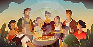 People and food concept - happy friends having meat for dinner at summer garden party at night.