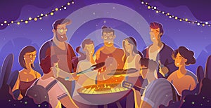 People and food concept - happy friends having meat for dinner at summer garden party at night.