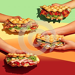 People with food. Hand holding bubble waffle sandwiches with colourful background. Fast food, take away. Snack. Party. Concept