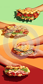 People with food. Hand holding bubble waffle sandwiches with colourful background. Fast food, take away. Snack. Party. Concept