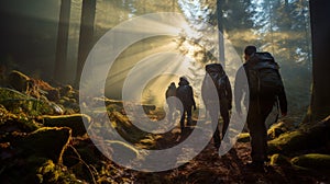 People in forest against sun, group of hikers walk in woods on sunbeams background. Scenery of men, sunlight and trees. Concept of