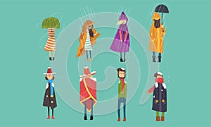 People Freezing Outside on Cold, Rainy and Windy Day, Autumn and Winter Season Vector Illustration