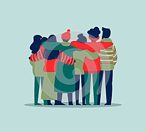 People friend group hug in winter holiday clothes photo