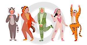 People friends on pajamas party set, young funny happy characters have fun, dancing