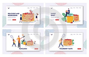 People Frying Flapjacks Landing Page Template Set. Tiny Male and Female Characters Cooking and Eating Homemade Pancakes