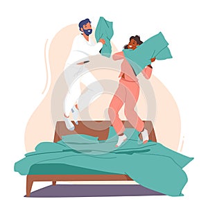 People Fun, Fooling, Rejoice at Home. Family Characters Fight on Pillows. Happy Young Couple, Man and Woman Jump on Bed