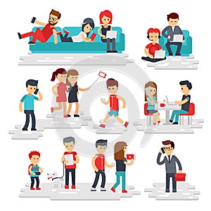 People with gadgets vector flat style isolated on white background. Men and women use phones, smartphones, tablets