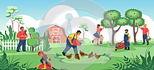 People in garden. Cartoon farmers and gardeners working together, plant crops and flowers, work in soil. Vector