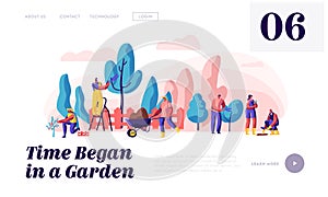 People Gardener and Farmer Work in Garden Landing Page. Man with Scissors and Secateurs Trimming Tree. Woman Harvest Apple