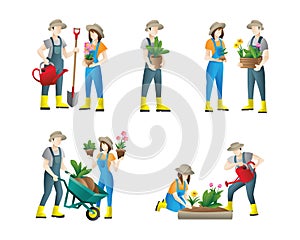 People gardening. set of vector flat illustrations of people doing garden job - watering, planting. Woman planting gardens flowers