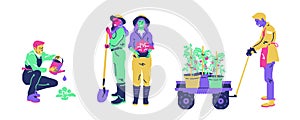 People gardening. Watering plant, transporting pots, women planting flowers. Organic growing. Agriculture gardener hobby