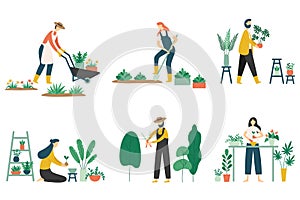 People gardening. Woman planting gardens flowers, agriculture gardener hobby and garden job flat vector illustration set