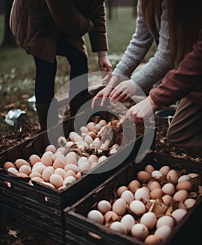 People gathering chicken eggs into a wooden crates. Farmers preparing eggs for hatching. Generative AI