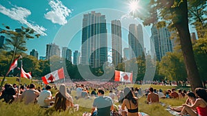 People gathering in parks adorned with Canadian flags, celebrating Canada Day