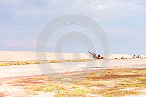 People gathering salt of pink salty Siwash Lake, colored by microalgae, famous for antioxidant properties,