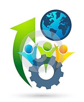 People gear globe team work gear wheels and care logo partnership education group work people diversity icon vector designs