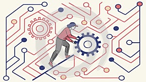 People & Gears on Circuit Board, Engineering & Innovation, vector design Generative AI