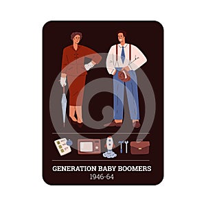 People Generation Baby Boomers 1946-64 social development vector information card design, retro character and symbols