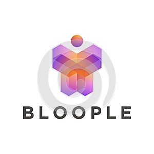 People geometric 3d shape logo template, orange purple gradient colors