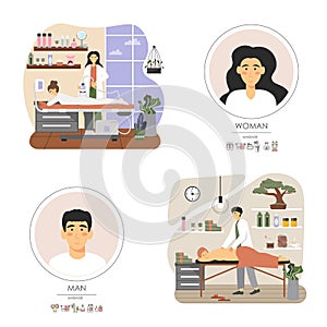 People getting lpg and back massage in spa salon, beauty clinic, flat vector illustration