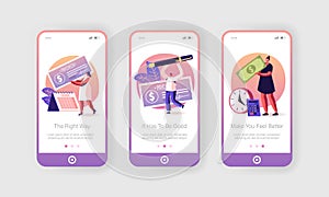 People Getting and Signing Paycheck Mobile App Page Onboard Screen Set. Calendar with Payday, Bank Loan or Tax Payment
