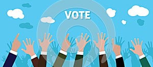 People give vote with raise his hand blue background