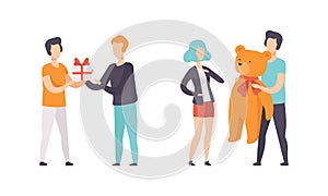 People Giving Gifts Set, Man and Woman Celebrating Holidays or Having Fun at Birthday Party Flat Vector Illustration